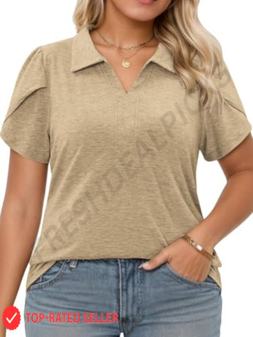 Plus Size Collared V Neck Polo Shirt Business Casual Petal Sleeve Tunic Top